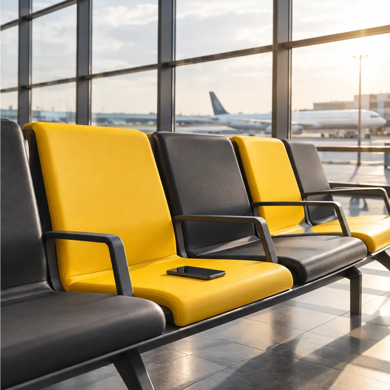 Sièges d'aéroport avec un smartphone posé, aux couleurs eSIMrat