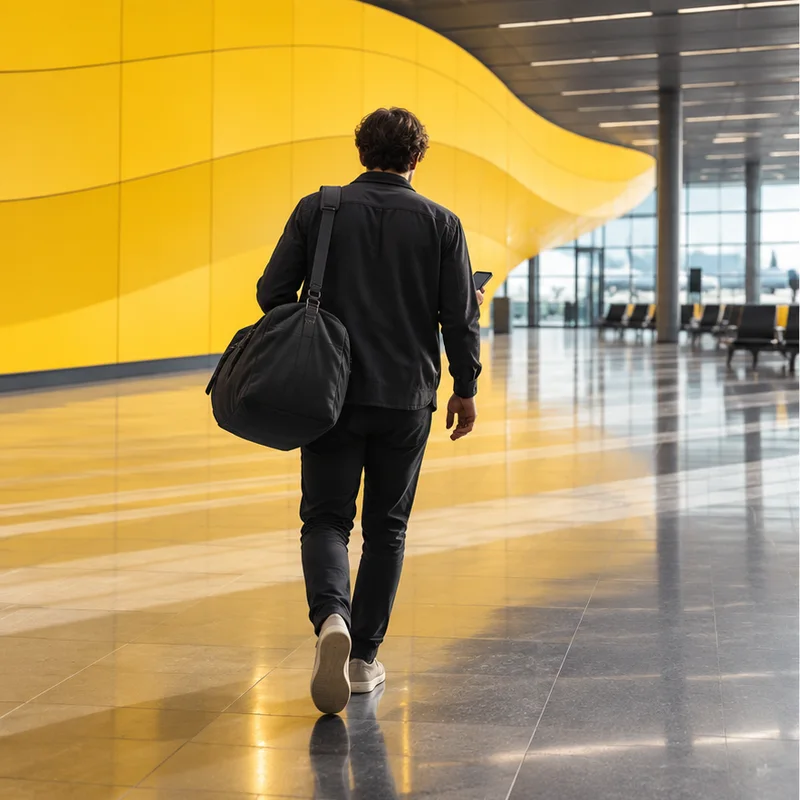 Voyageur consultant son smartphone dans un aéroport