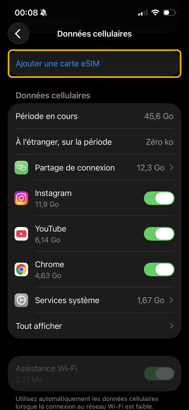 Écran Données cellulaires avec le bouton Ajouter une carte eSIM encadré