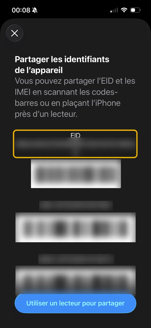 Écran des identifiants de l'appareil avec le numéro EID encadré (valeurs masquées)